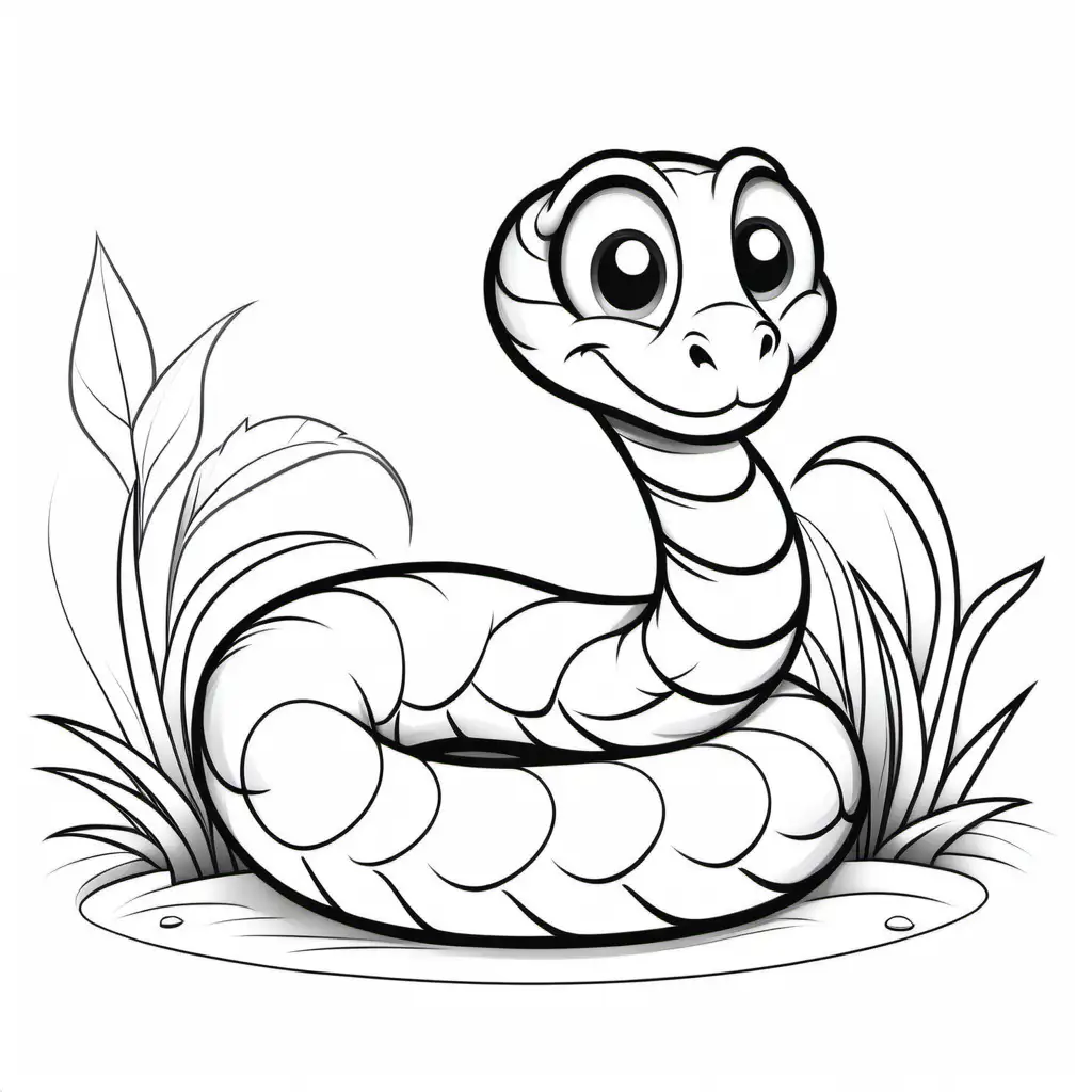 A cartoon illustration in black and white line art, of  a crawling Snake.. The style is cute Disney with soft lines and delicate shading. Coloring Page, black and white, line art, white background, Simplicity, Ample White Space. The background of the coloring page is plain white to make it easy for young children to color within the lines. The outlines of all the subjects are easy to distinguish, making it simple for kids to color without too much difficulty, Coloring Page, black and white, line art, white background, Simplicity, Ample White Space. The background of the coloring page is plain white to make it easy for young children to color within the lines. The outlines of all the subjects are easy to distinguish, making it simple for kids to color without too much difficulty