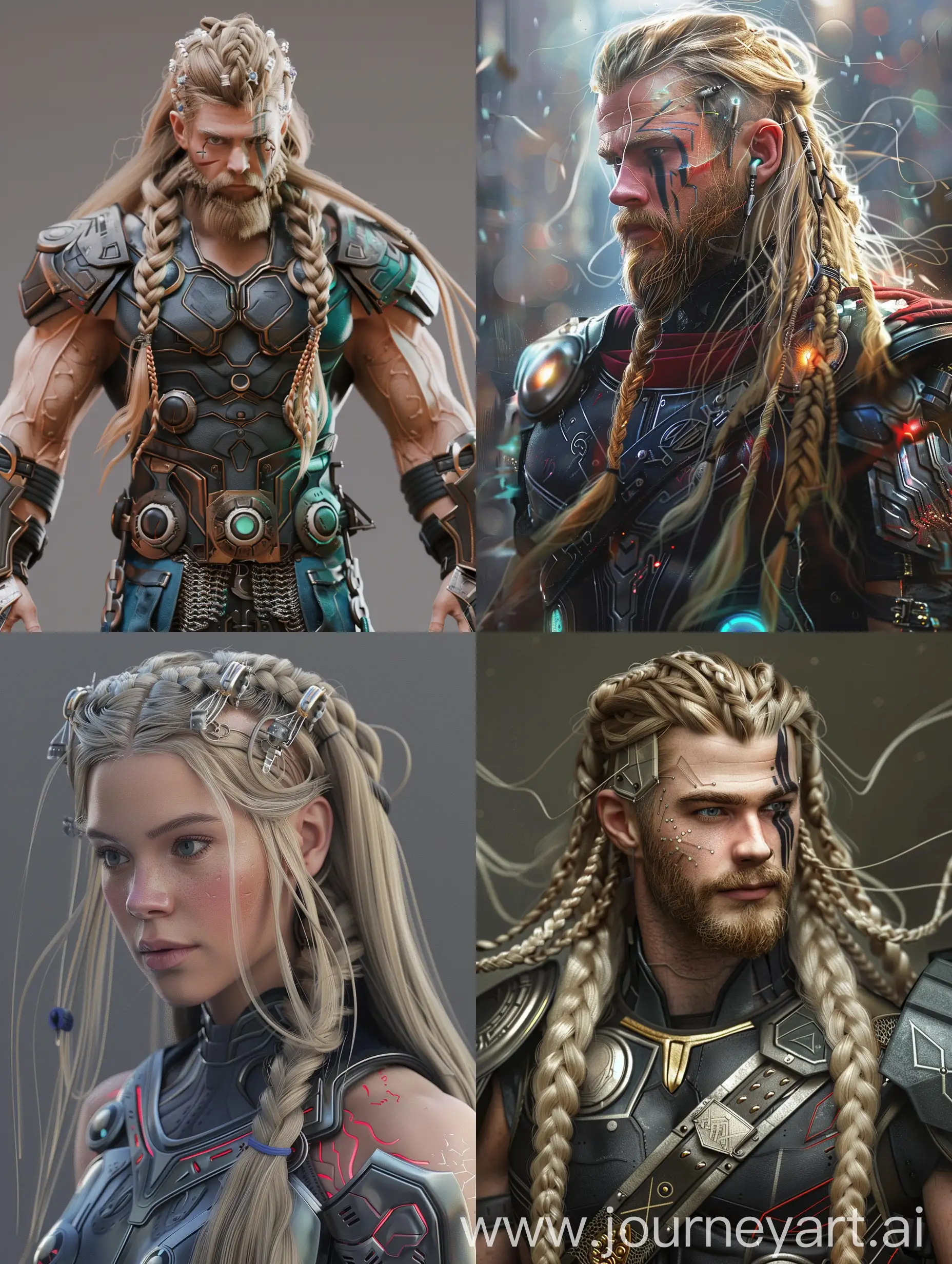 Marvel Thor, steampunk CYBERPUNK long blonde hair with a few braids Viking (8K) (ultra detailed) HIGH ENERGY GOD (FULL BODY) front 