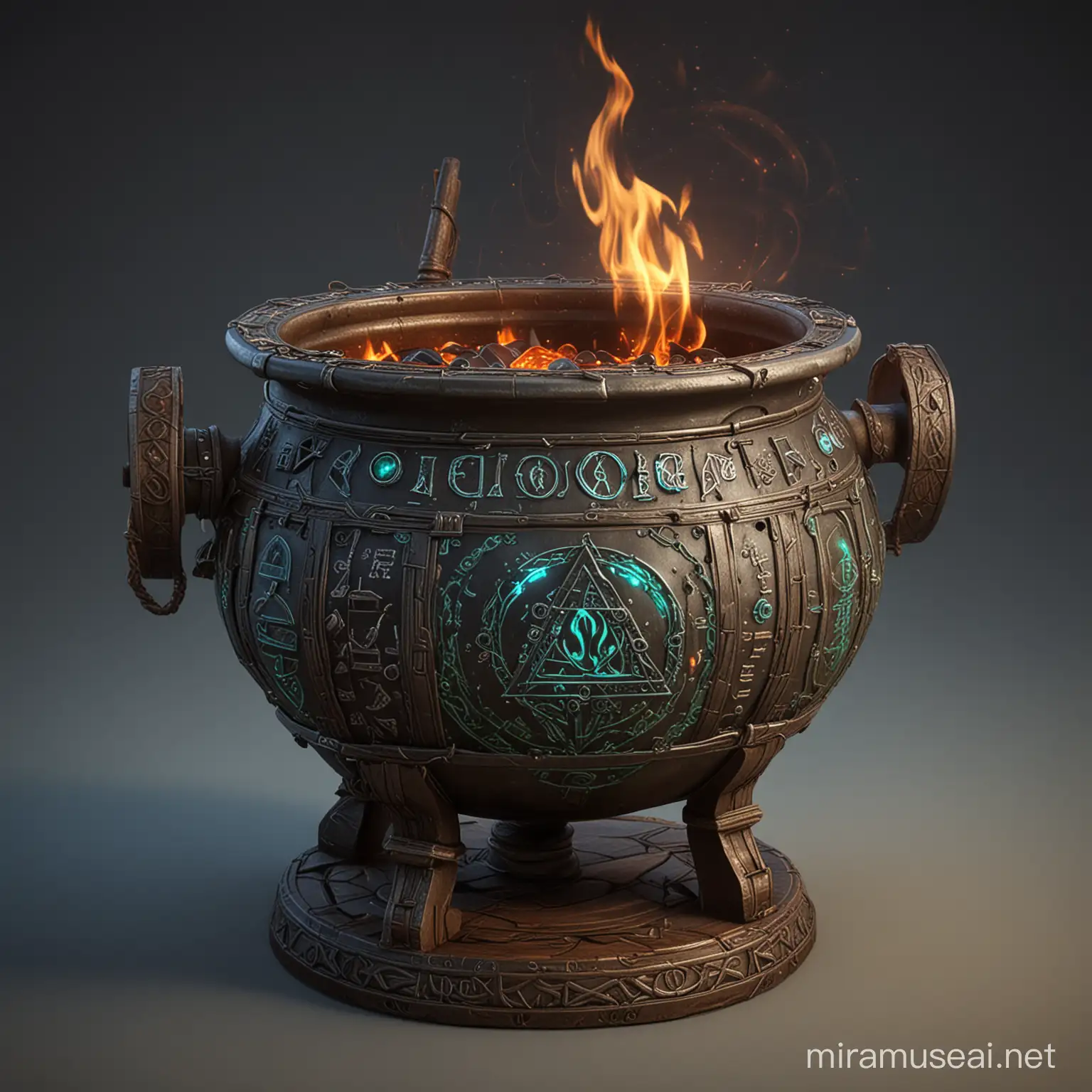 Mystical Alchemists Cauldron with Enchanting Runes and Luminous Accents