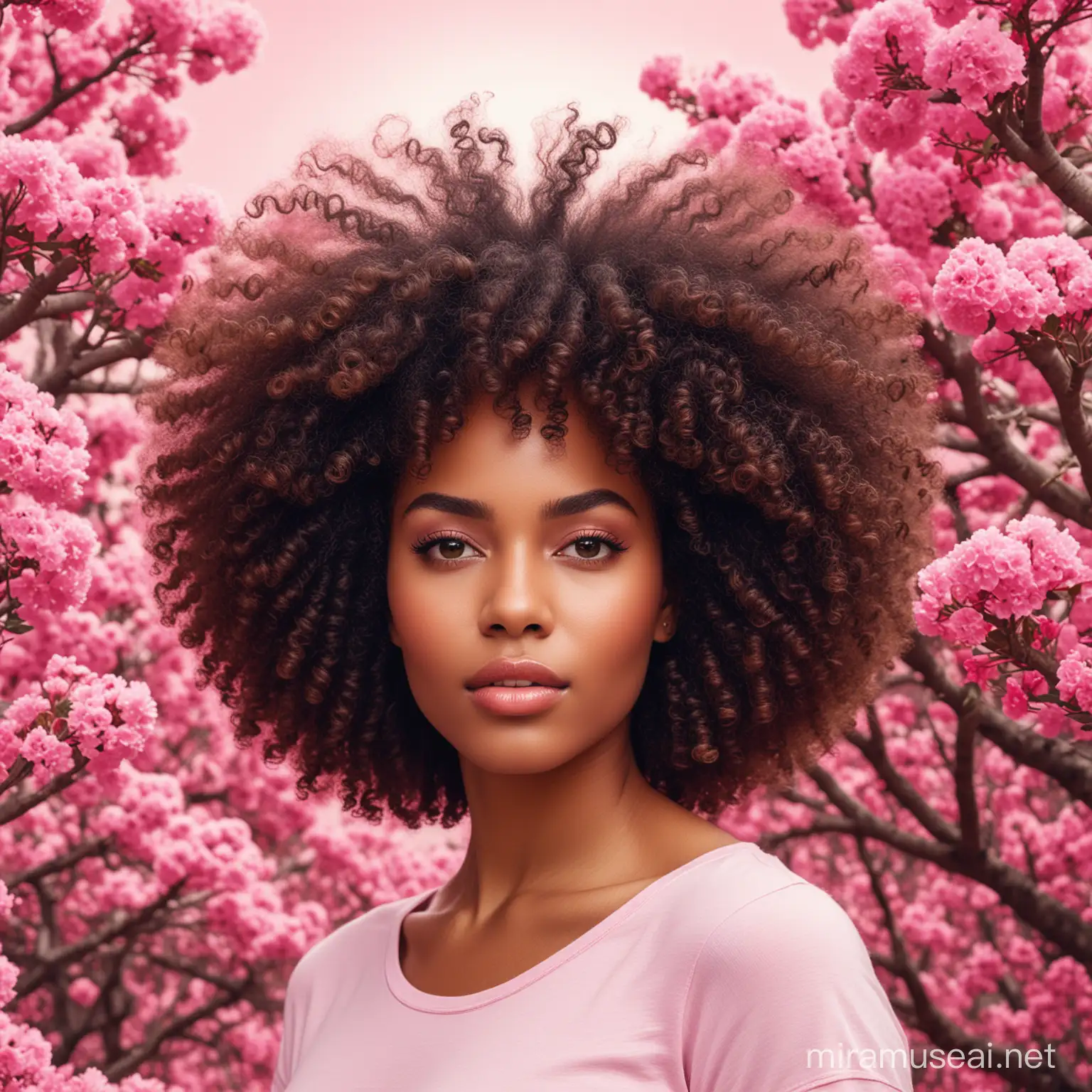 gorgeous black woman with large, curly afro. surrounded by pink nature. Living in a girls world. 
