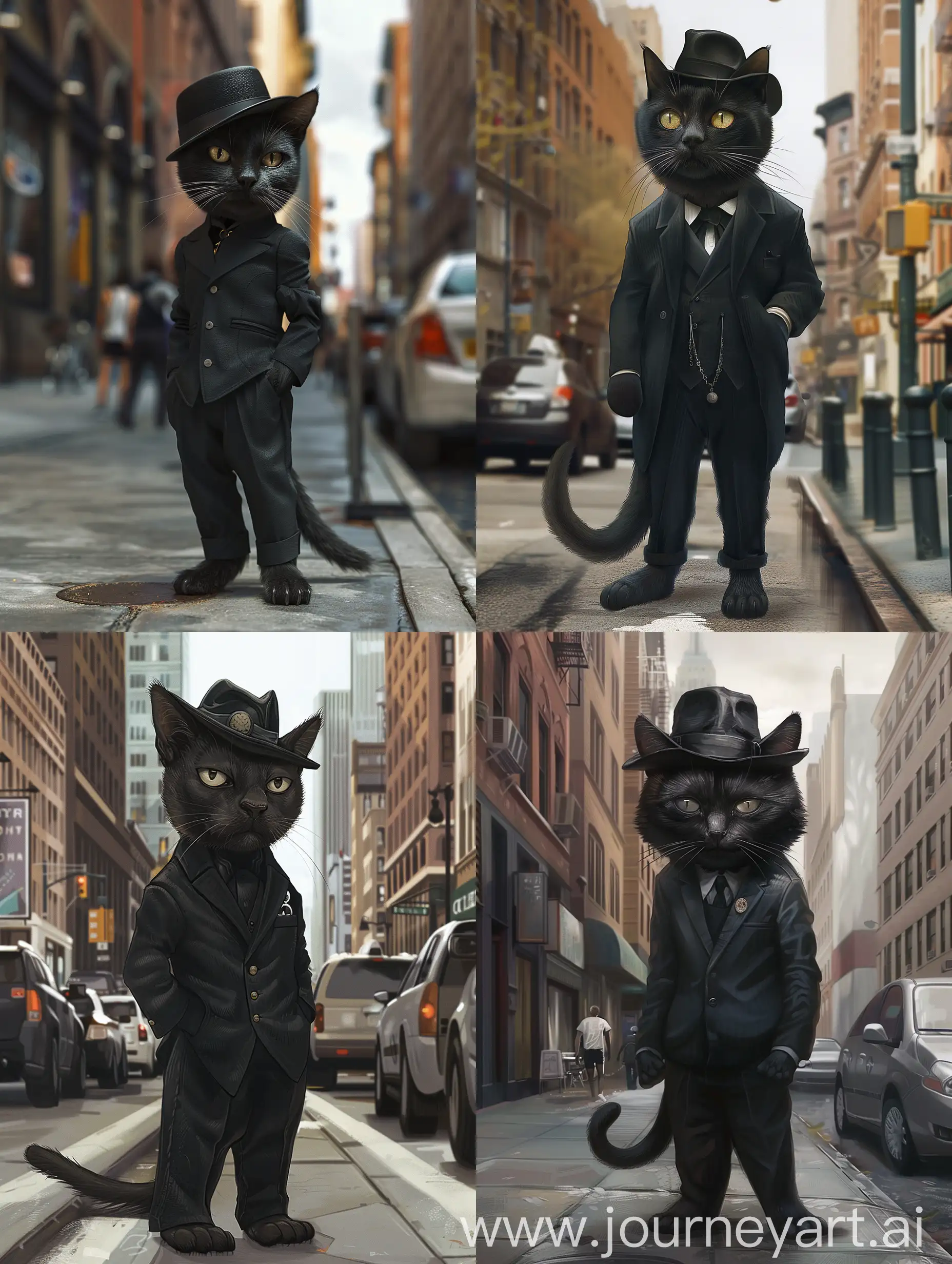 The black cat stands on the city street, dressed in a black suit and wearing a tilted small hat. Its eyes reveal a hint of melancholy, as if pondering something.
