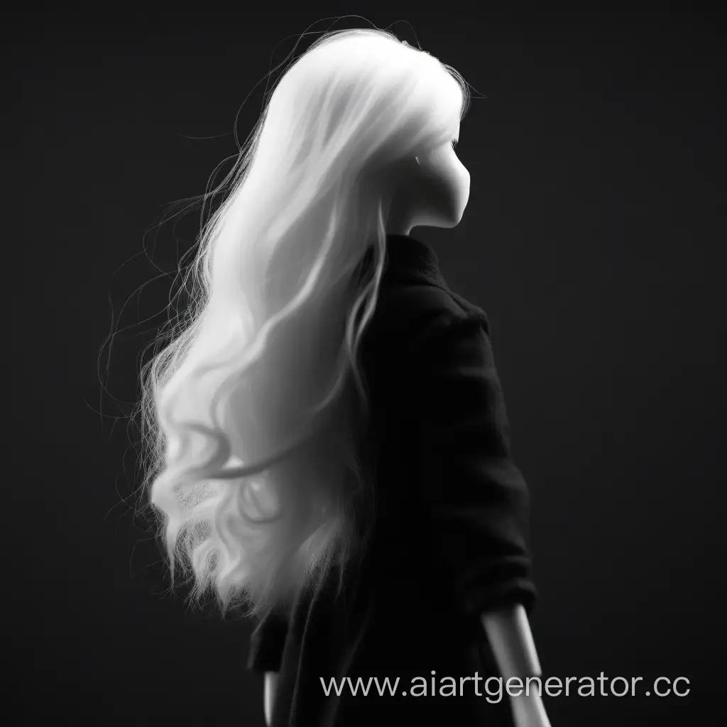 blur doll black white on black background with white hair. She stands with her back to him and looks at the screen