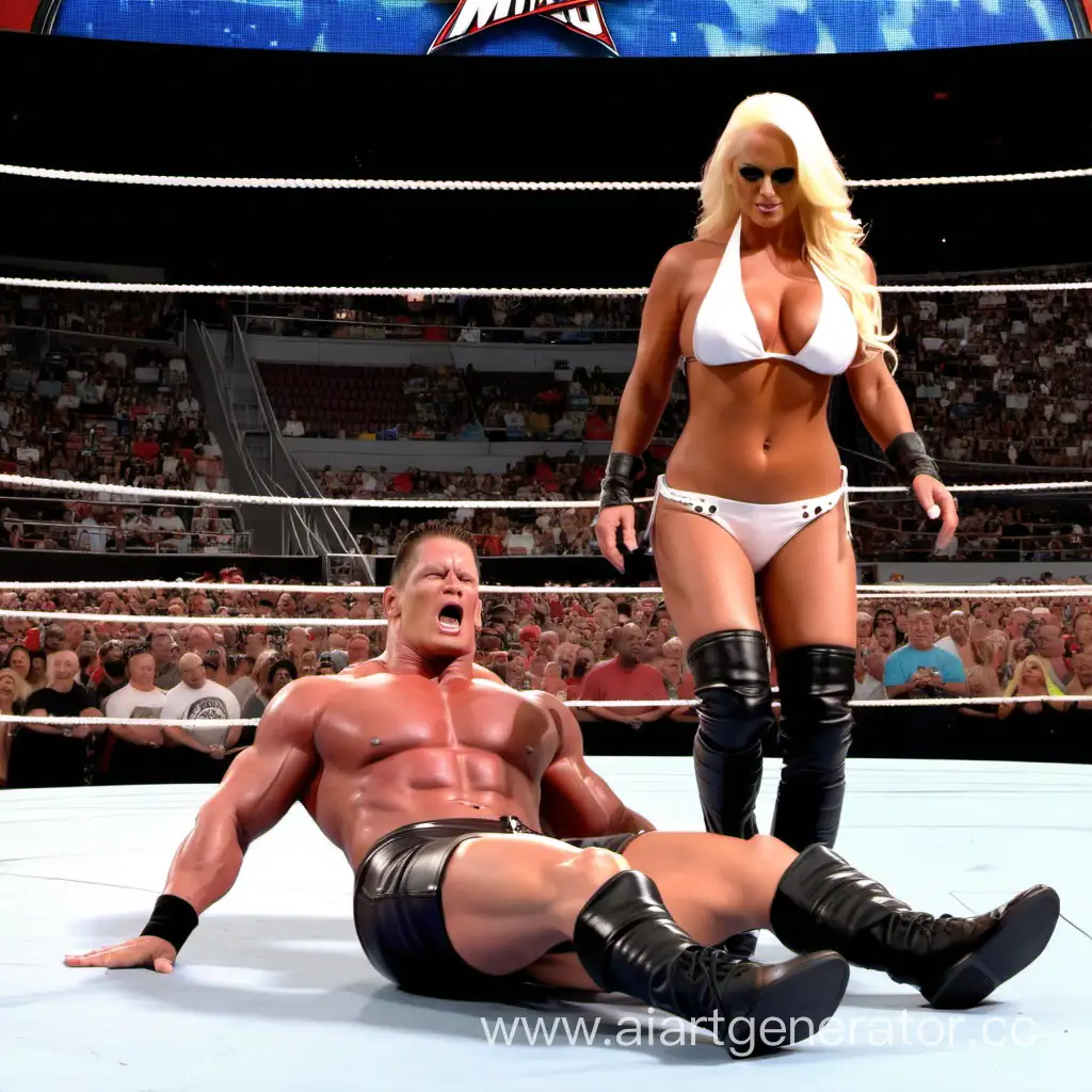 maryse in leather white bikini picks up and body slams John Cena in a wrestling match 