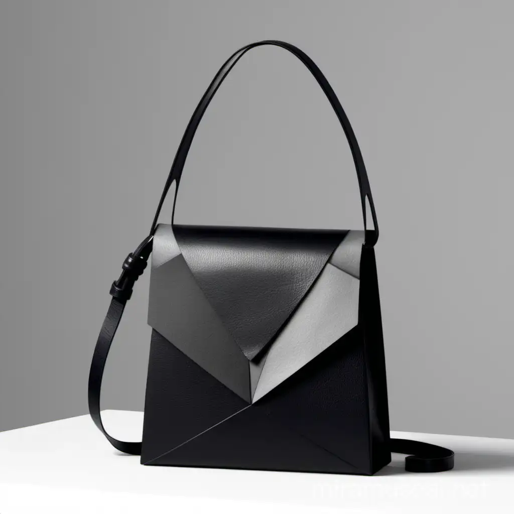 I want an idea for a nice bag in a modern minimalist style for modern women from Milan in black leather. The bag should have an interesting front flap of geometric shape or geometric stitching. It's a small crossbody bag
