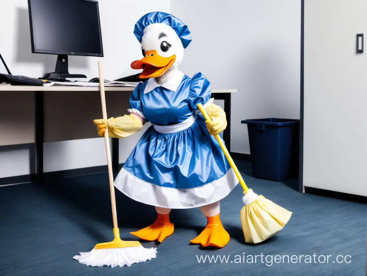 Office-Duck-Maid-Sweeping-in-Blue-Costume