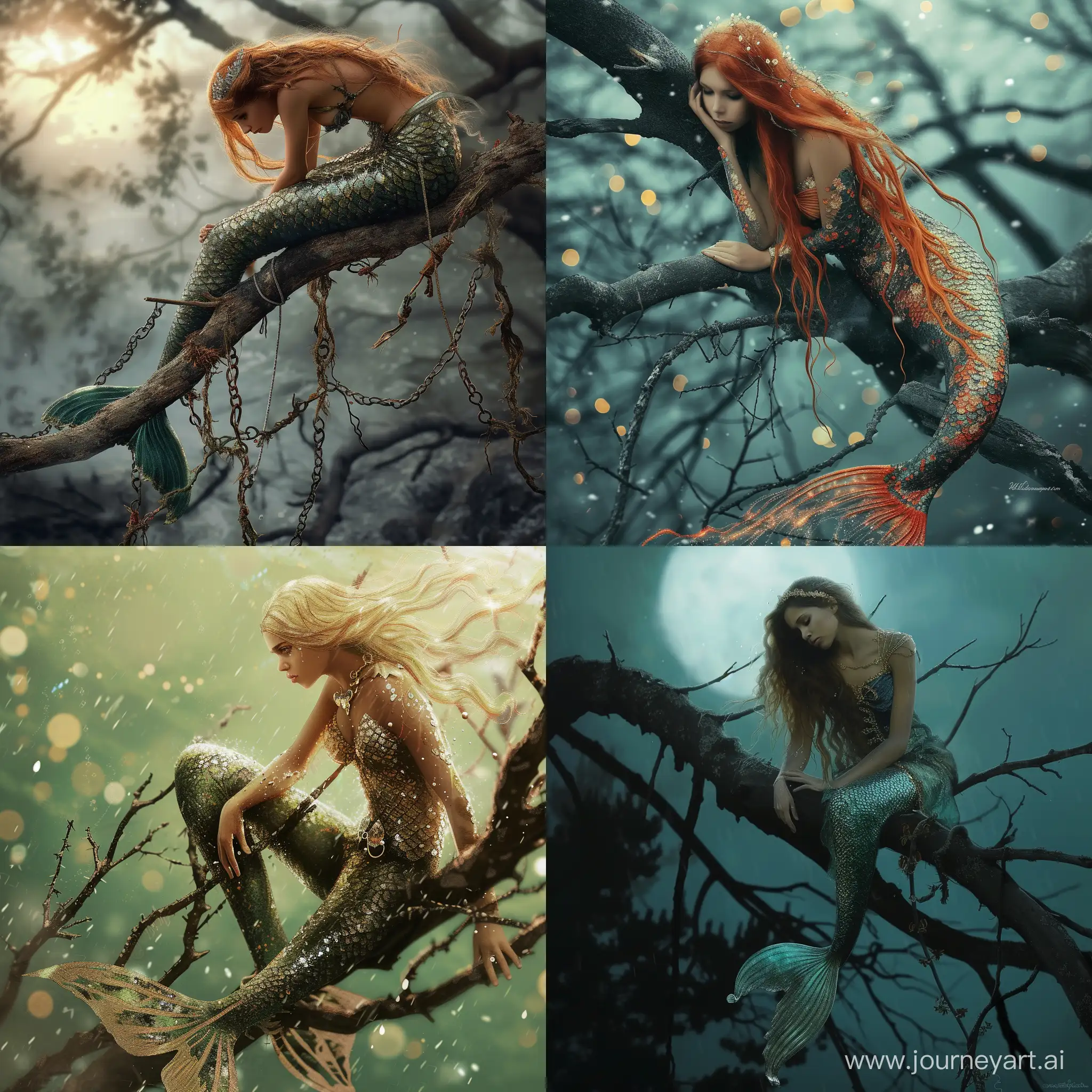 Enchanting-Realistic-Art-Mermaid-Perched-on-Tree-Branches