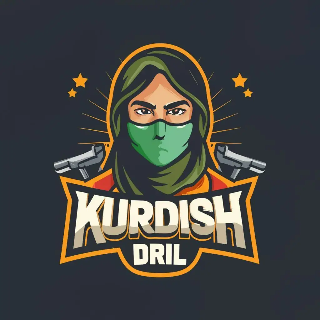logo, kurdish female freedom fighter with face covered, with the text "KURDISH DRILL", typography, be used in Entertainment industry
