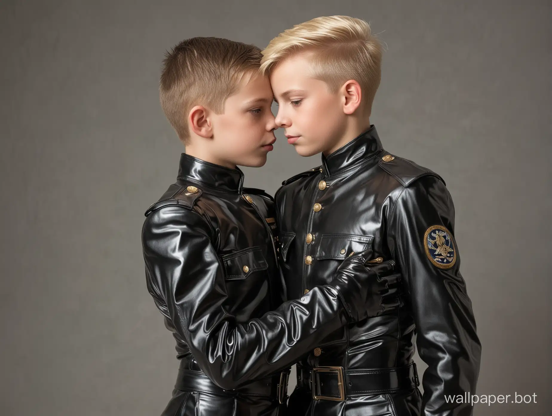 two young boys, one blond, one dark-haired, embracing each other in latex soldier uniforms,