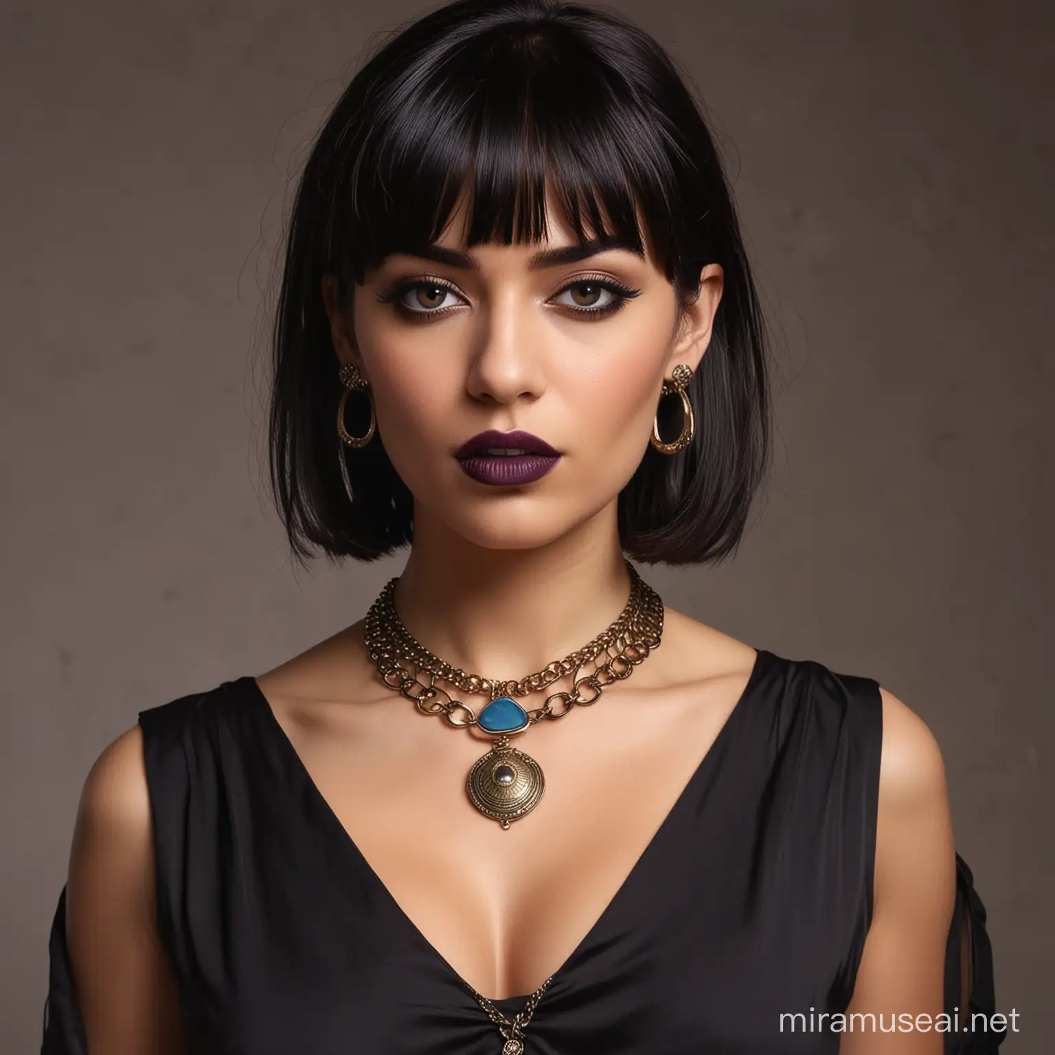 A French female detective with Egyptian features, with dark bob hair and bangs, She is wearing a low cut blouse ,  She has a piercing with an obsidian set in his left nostril, She has two large hoop earrings, She has a necklace with an Ank as a pendant, She has dark and thin eyes, short, plump lips with dark purple lipstick