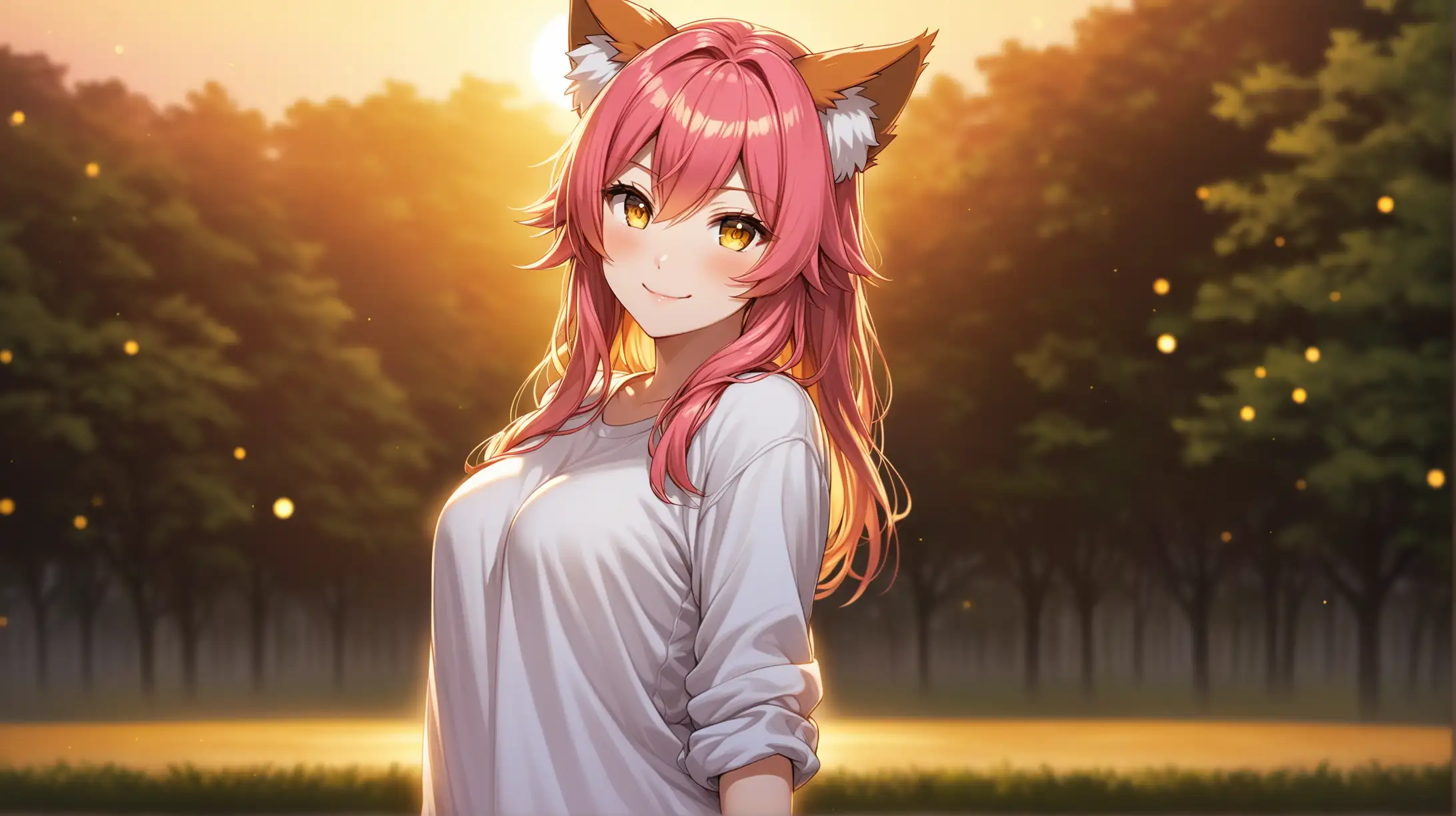 Draw the character Tamamo no Mae, pink hair, gold eyes, high quality, ambient lighting, long shot, standing, outdoors, in a seductive pose, casual clothing, smiling at the viewer