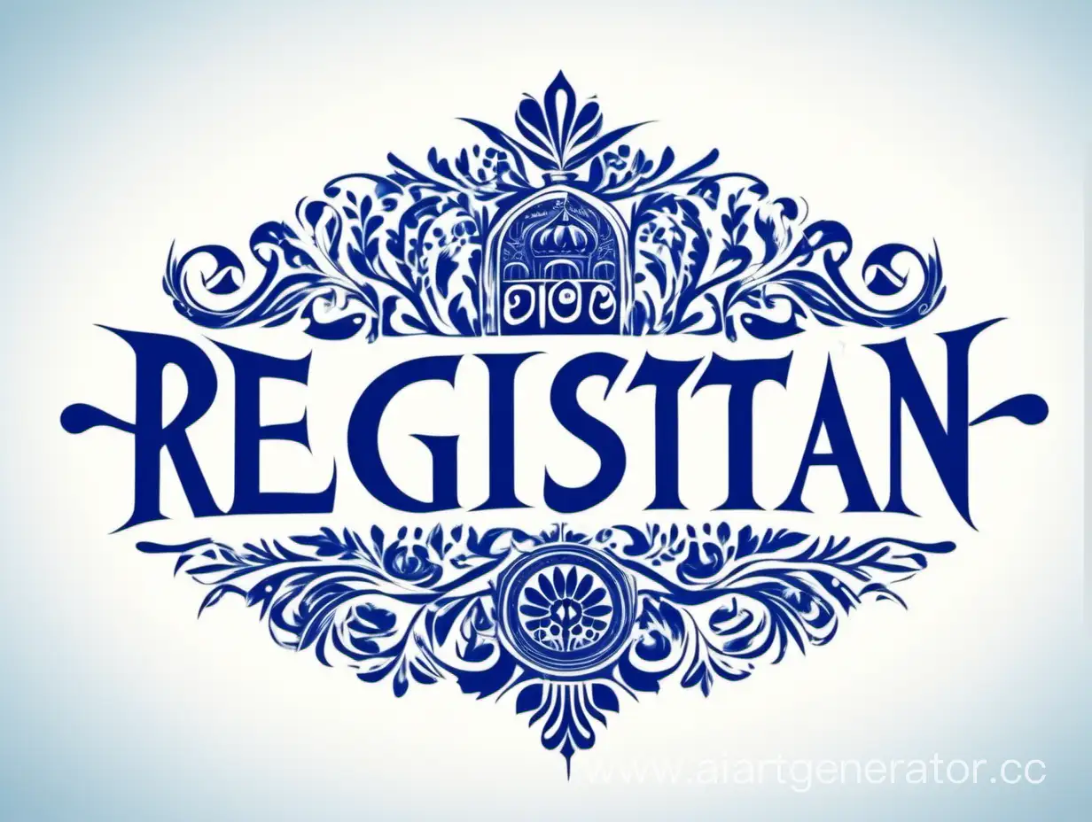 логотип ресторана восточно-европейской кухни, с надписью "Регистан" , в синих тонах, на белом фоне, на русском языке