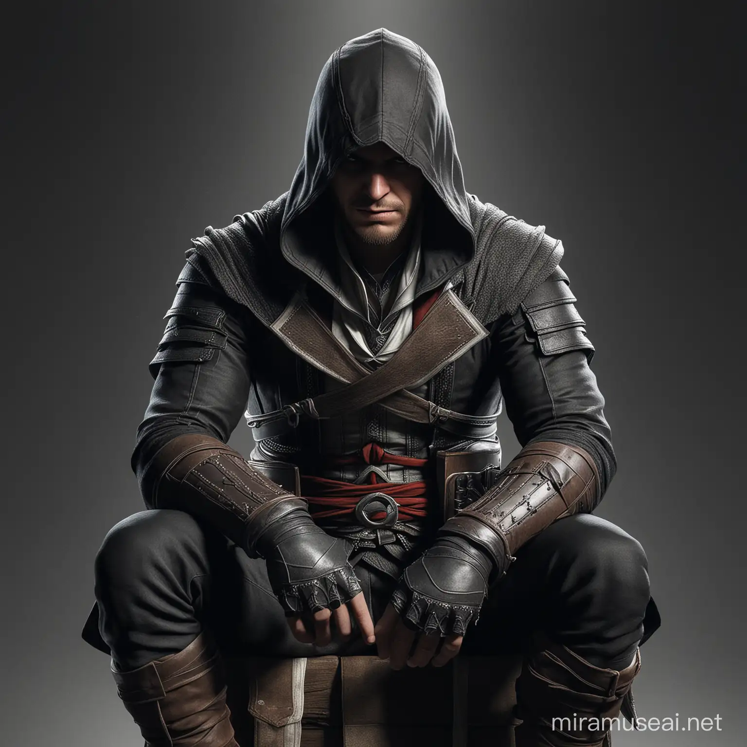 Stealthy Assassin in Black Outfit Sitting Facing Forward