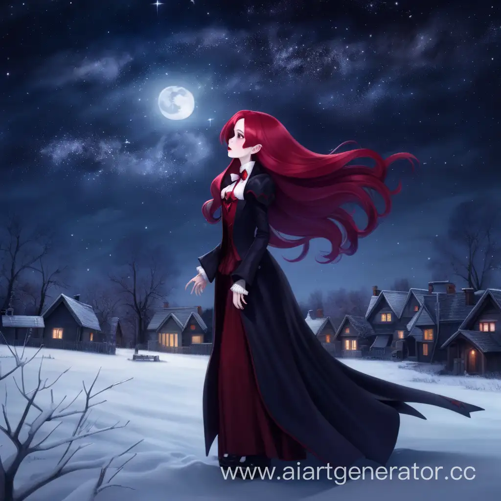 Девушка вампир с алыми волосами, на фоне звёздного неба зимой в полный рост 