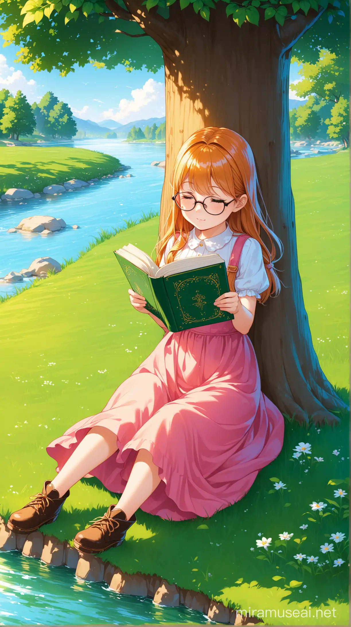 Young Girl Reading Fairy Tale Book by Riverside Oak Tree