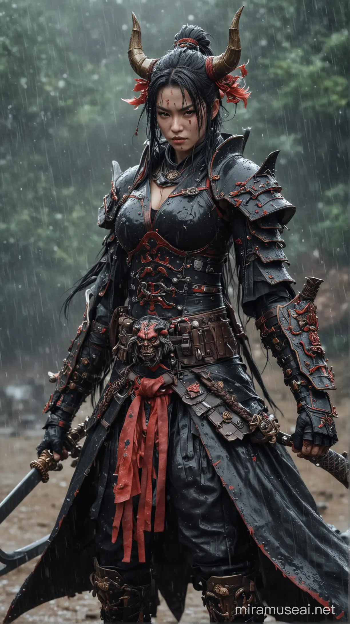 (a lot details), (master peace),oni samurai,((( oni))), ((on the battlefield)), rain, dirty style, holding his catana, dark fantasy, chaos warrior, archeon, absurdly detailed, chaos sorcerer, <lora:ArmorFusion:0.6>, armor, armor, samurai, Samurai girl, derpd, derpd, chaos warrior