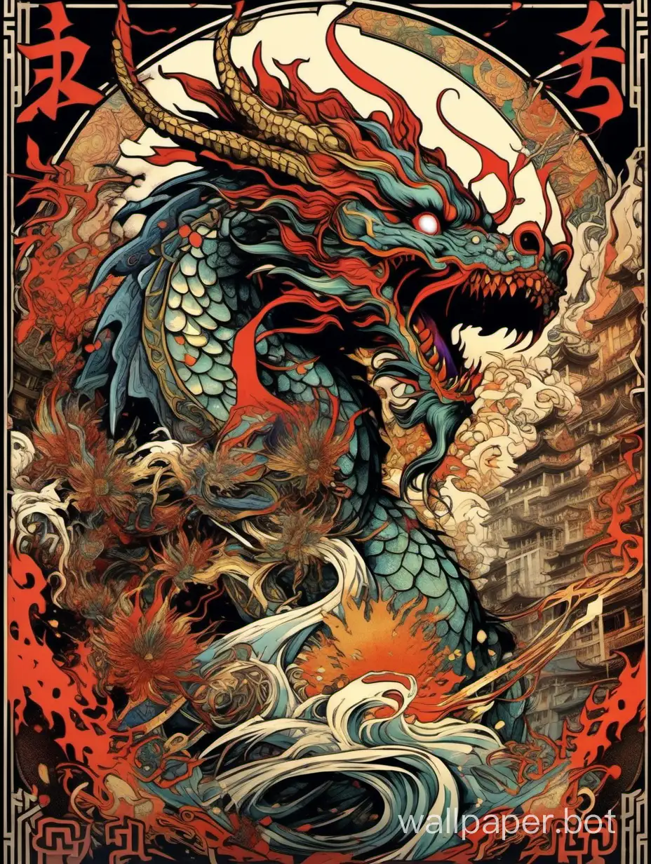crazy horror dragon, chaos ornamental assimetrical, chinese poster, torn poster edge, alphonse mucha hiperdetailed, highcontrast, explosive dripping colors, sticker art