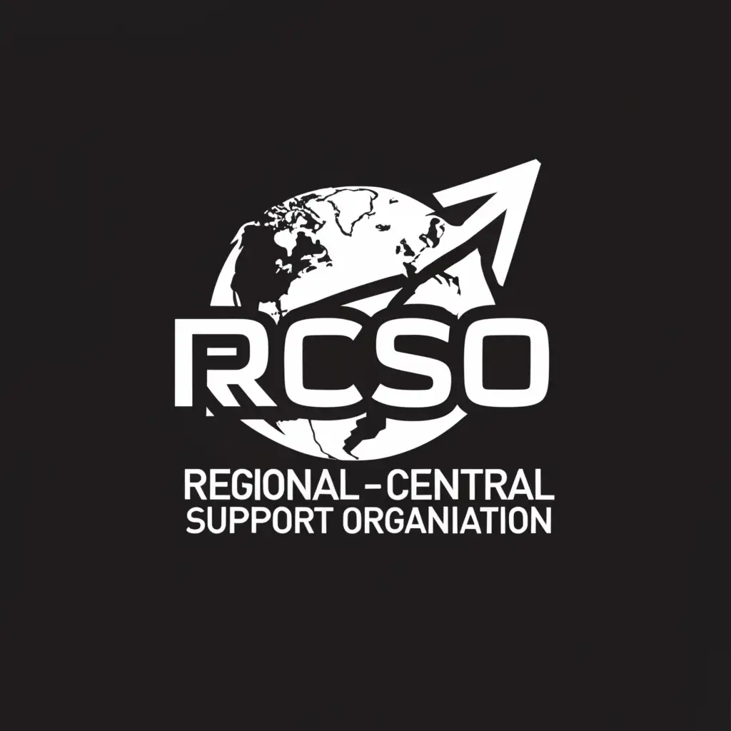 a logo design,with the text "RCSO, Regional-Central Support Organization.", main symbol:planet earth, arrow, black background, white color.,Умеренный,be used in Недвижимость industry,clear background