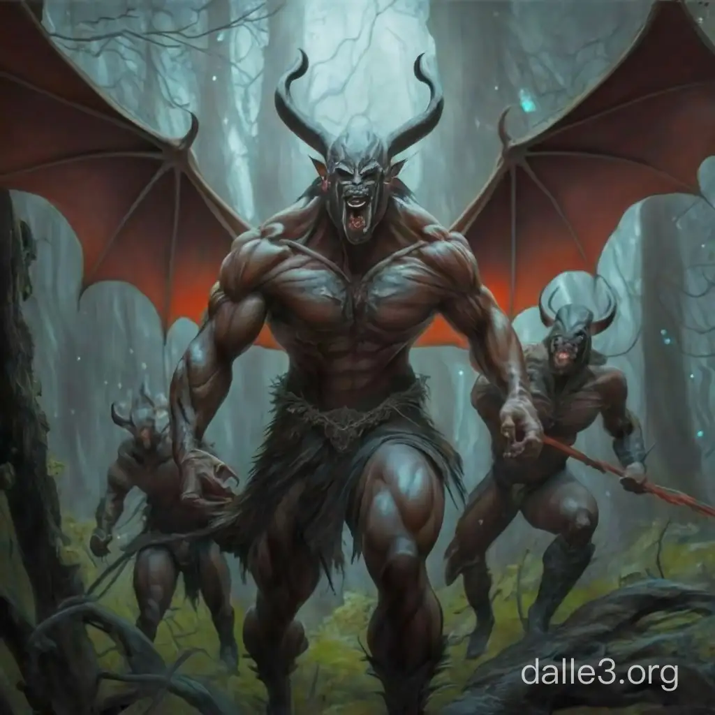 Two muscular demons with bat wings and horns hunt a bat-winged demon in the woods