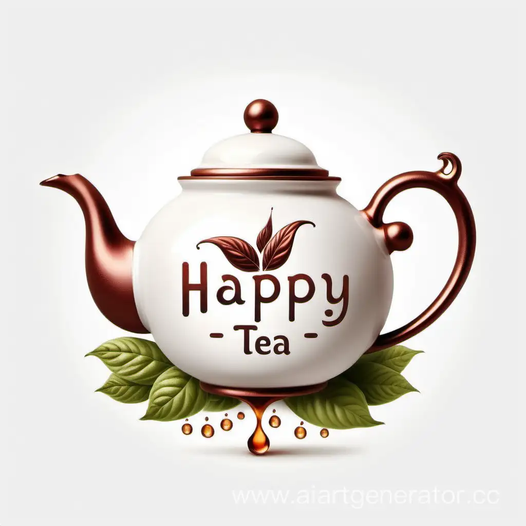 Logo for the "Happy Tea" brand, on a white background, an exquisite porcelain teapot with tea steam