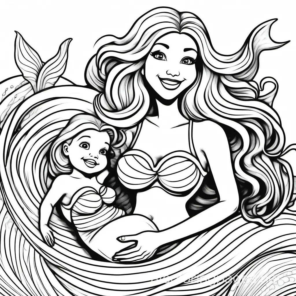 happy smiling mother mermaid wearing a top with her baby mermaid wearing a top , Coloring Page, black and white, line art, white background, Simplicity, Ample White Space. The background of the coloring page is plain white to make it easy for young children to color within the lines. The outlines of all the subjects are easy to distinguish, making it simple for kids to color without too much difficulty