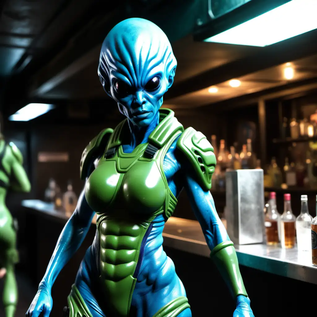 Blueskinned Alien Female Soldier Enters Seedy Bar In Green Combat Gear