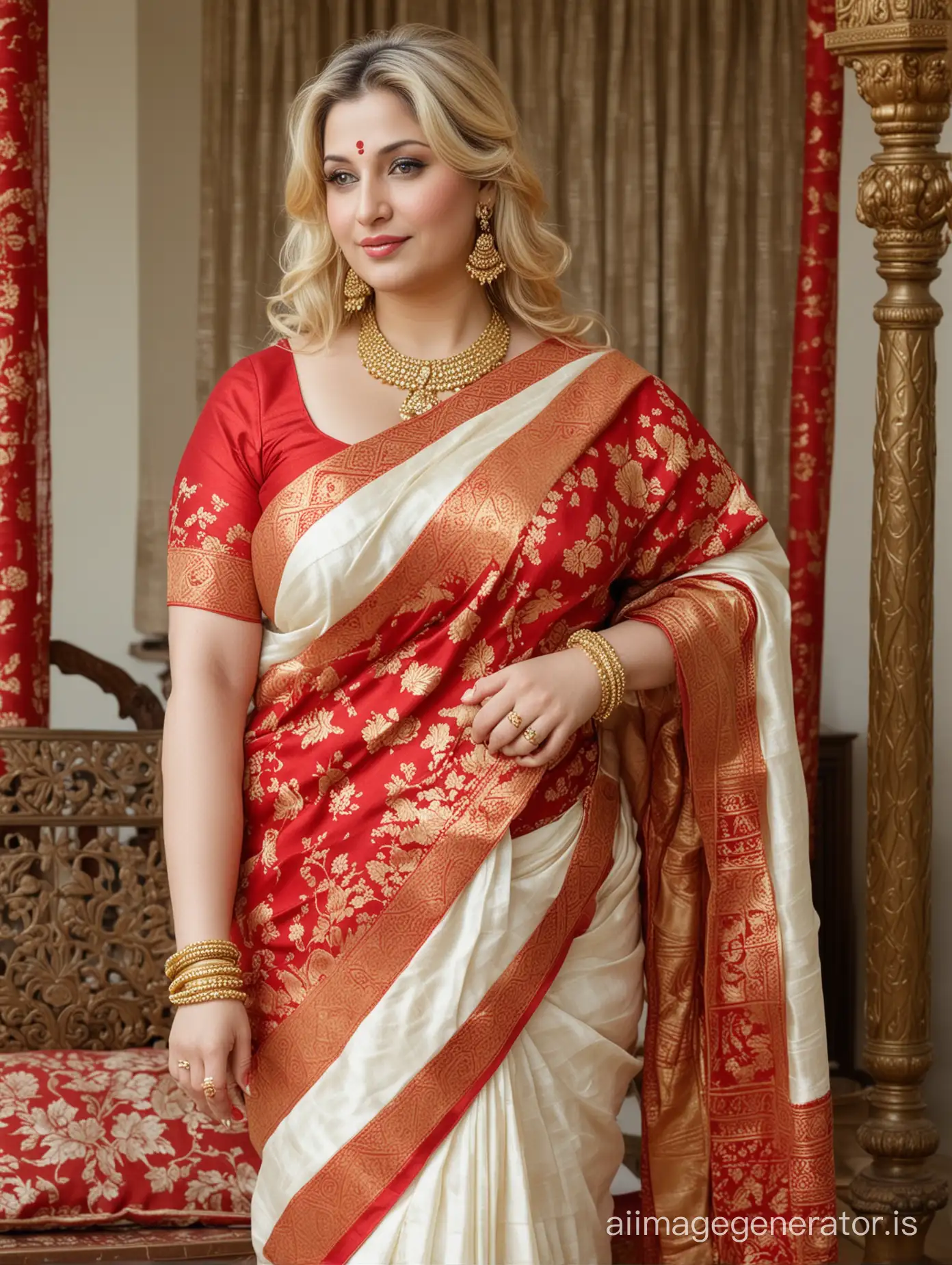 Generate full body image of a 41 year old very busty fatty breast, big fatty thighs, big fatty hand arm, big fatty ass and curvy completely American mature fatty chubby obese very fair white skin woman blonde hair wearing traditional style banarasi saree and wearing sindur in forehead and red and white bangles in hand and wearing gold necklace with gold jewelry in india puja program