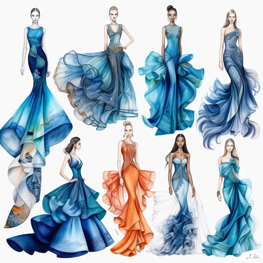 create a series of fashion sketches showcasing the essence of elegance and luxury found in the underwater world create gala gowns, emphasizing  layering and draping, fullness and fluidity of the ocean incorporating vibrant colors for each image. Experiment with different combinations of texture and pattern and hues to evoke the dynamic energy of  movement . goal is to inspire a fresh, edgy, elaborate and over the top designs that are still chic and modern looks that celebrate individuality and self expression