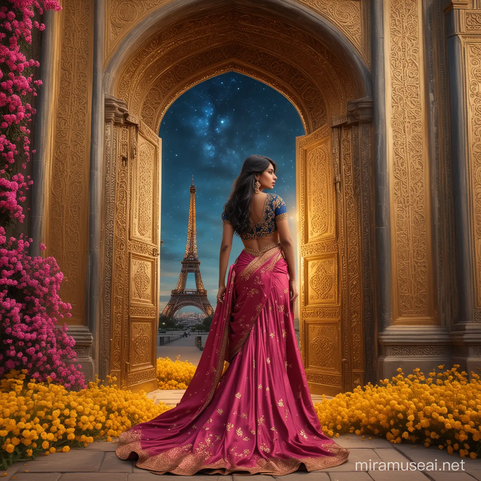 Elegant Woman Standing on Dark Yellow Flowers under Opened Golden Arabian Door