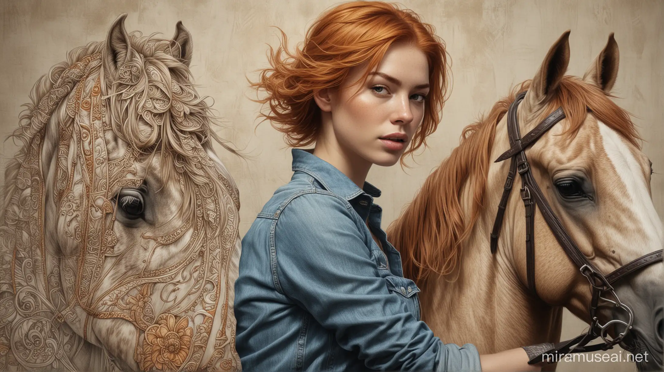 Colored Hyperrealistic Art Portrait With Ink Linework Ornament Elements, Illustration of a beautiful woman, short ginger hair, faded denim jeans, riding a horse, Legendary Epic of an Ancient tale, Overdetalized textures, Volumetric lighting and pronounced shadows, ink drawing elements, linework patterns elements, concept art 8K