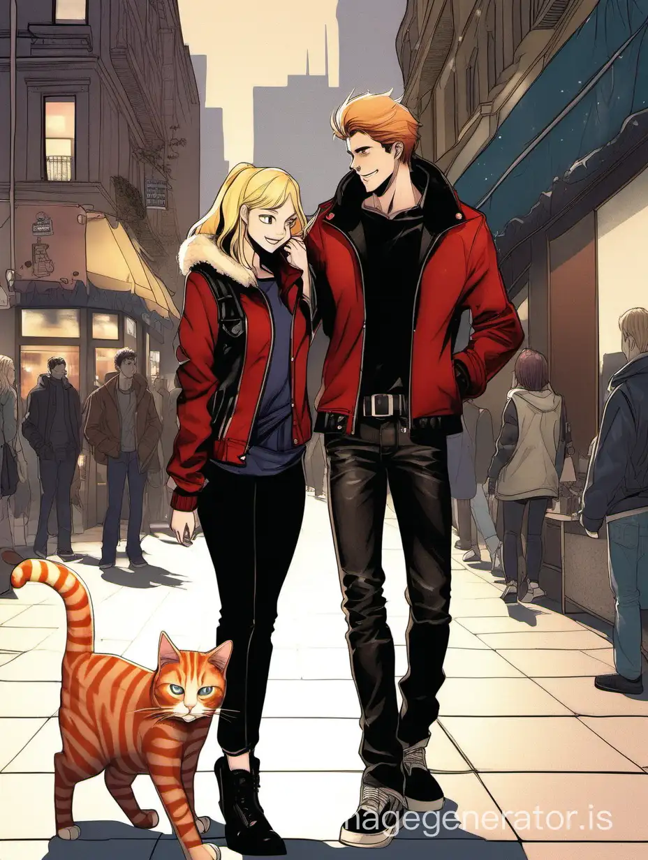 A 17-year-old blonde girl, dressed in a red jacket and black jeans, is talking to a tall guy. The guy has light hair, a muscular body, and a leather jacket. He stands opposite the girl, smiling. A ginger cat sits on the guy's shoulder. People walk around the city, and the shops are lit up.