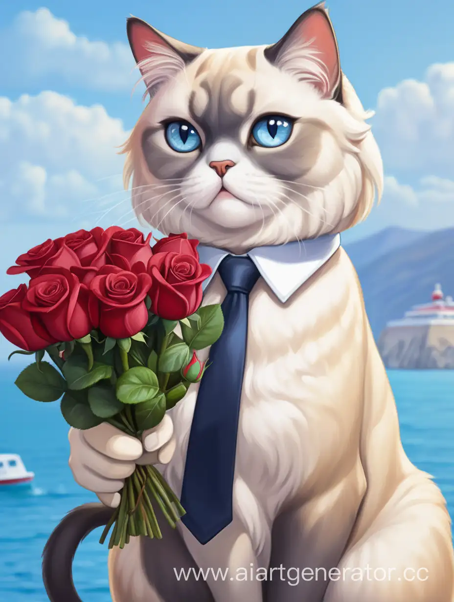 plump cat in a tie - a bow tie, colors close to Siamese, blue eyes, golden collar, handing red roses to a girl with white hair, bob hairstyle, height 175 cm, weight 60 kg, gray eyes, thin lips, long and slender legs, against the background of the sea