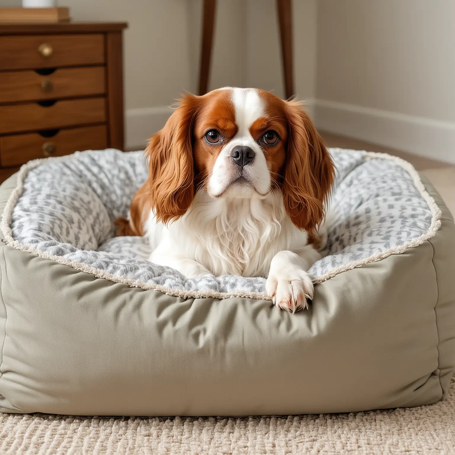 Cavalier King Charles Spaniel laying in a dog bed