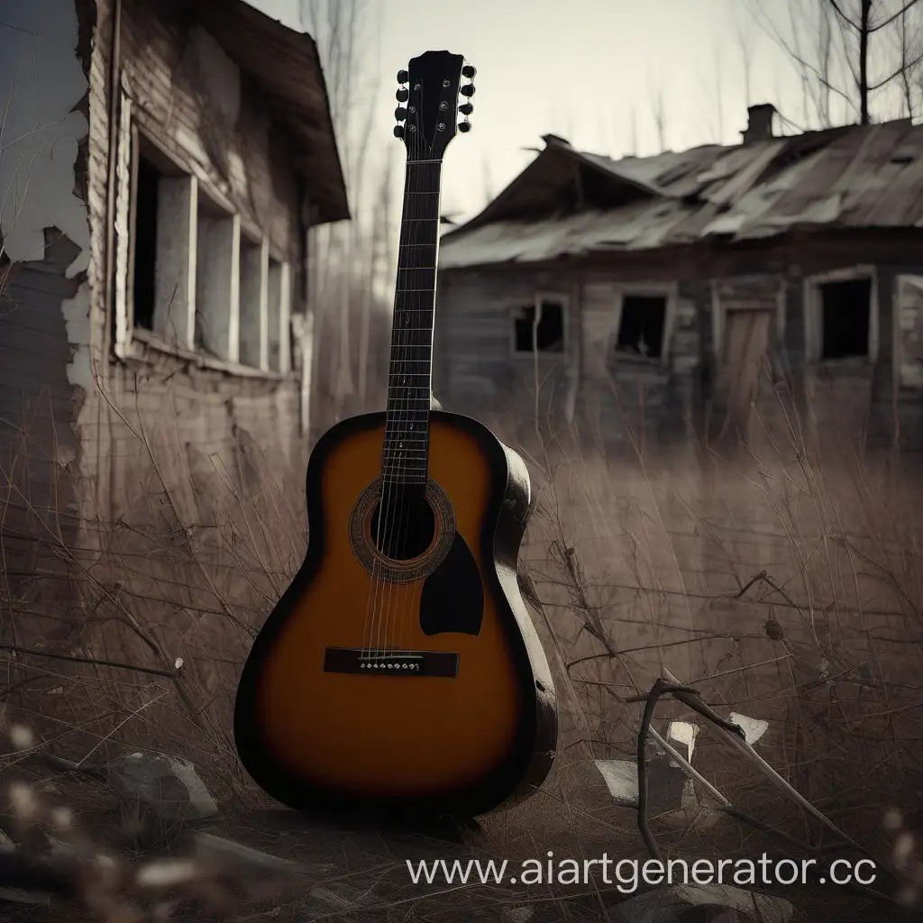 гитара на фоне заброшенной русской деревни