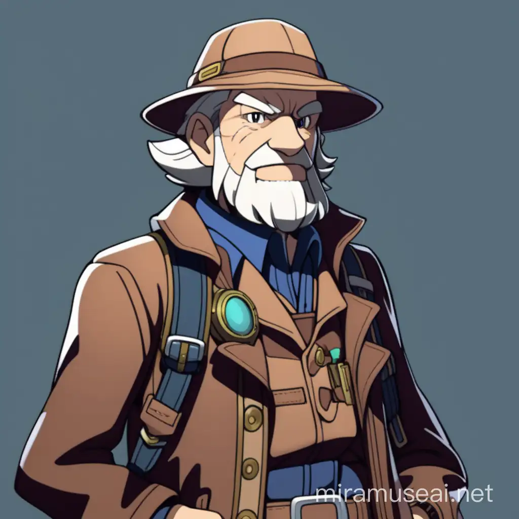 pokemon art style, older man, gaunt, explorer's outfit, dark colors