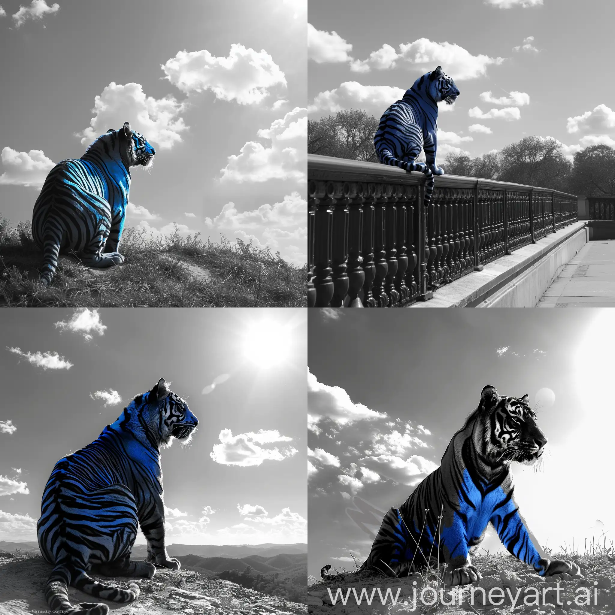 A sunny day in black and white with a lone blue and black tiger on the prowel