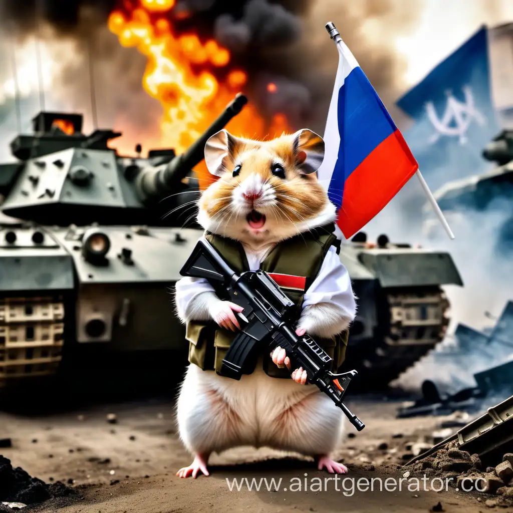 Military-Hamster-Stands-with-AK47-by-Burning-Tank