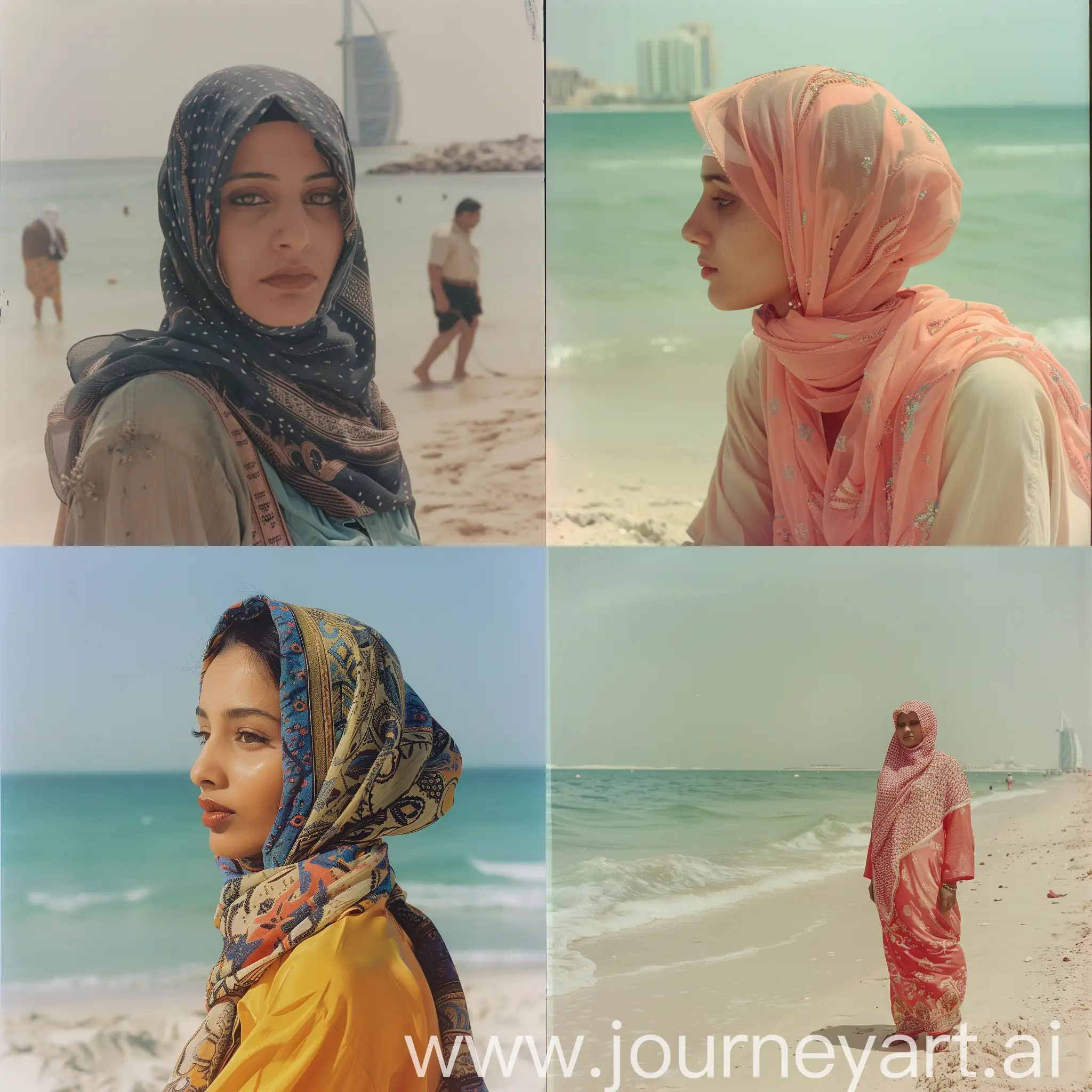 a vintage 1990s photography of an arabic woman on the beach in dubai