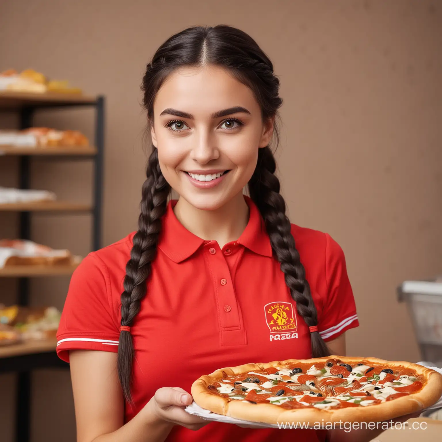 кассир девушка с темными волосами с косичкой русская стоит в красной футболке поло улыбается отдает пиццу покупателю