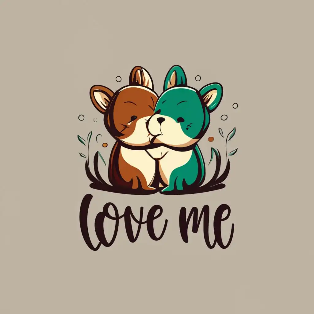 logo, A loving pair of animal characters hug each other in a minimalist style, with the text "Love me", typography, be used in Animals Pets industry