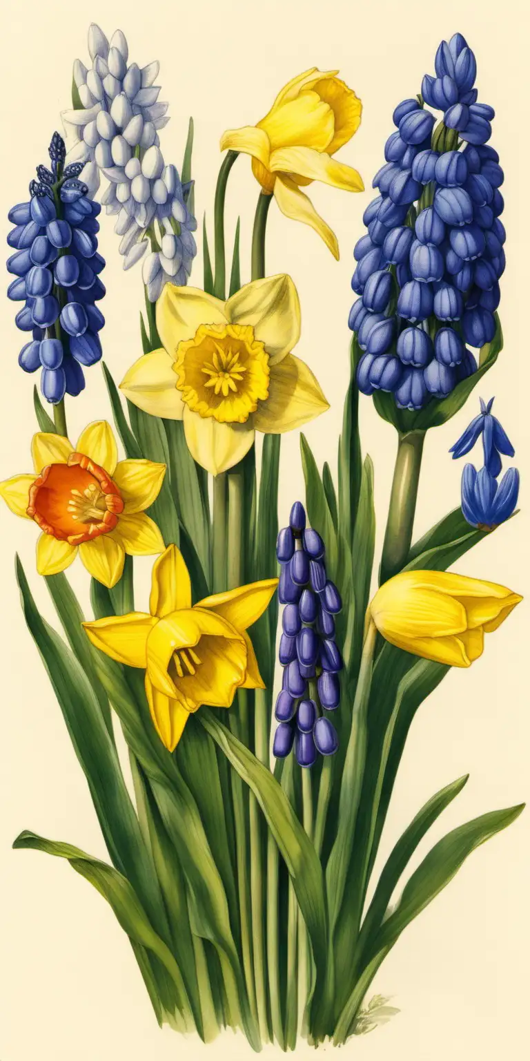 Frühling, Traubenhyazinthe, Narzisse, Gänseblümchen, Tulpe, Krokus