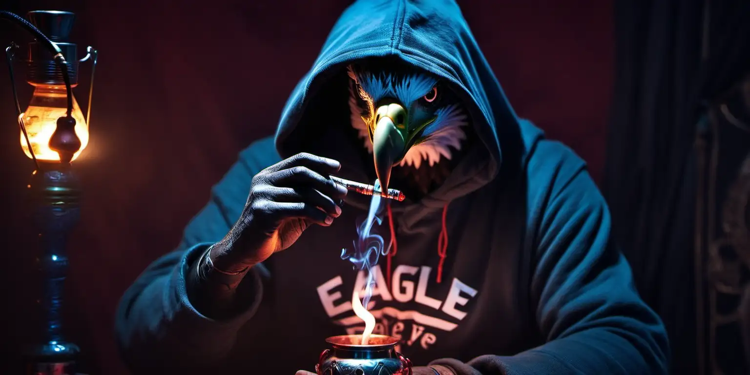 eagle is smoking hookah with hoodie in cozy place with smoky atmosphere