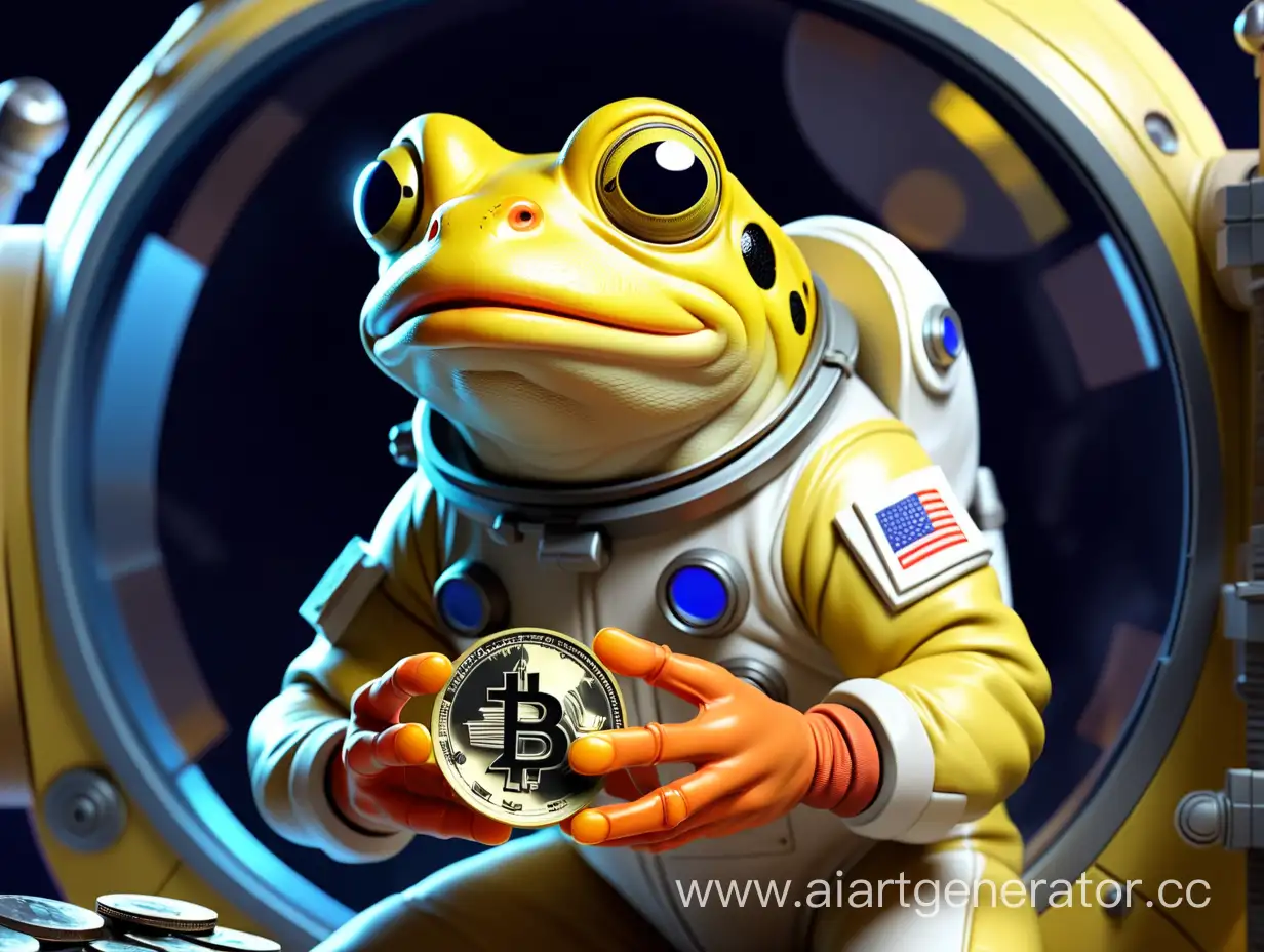 желтая лягушка по имени turbo в костюме космонавта держит на руках   крипто коин