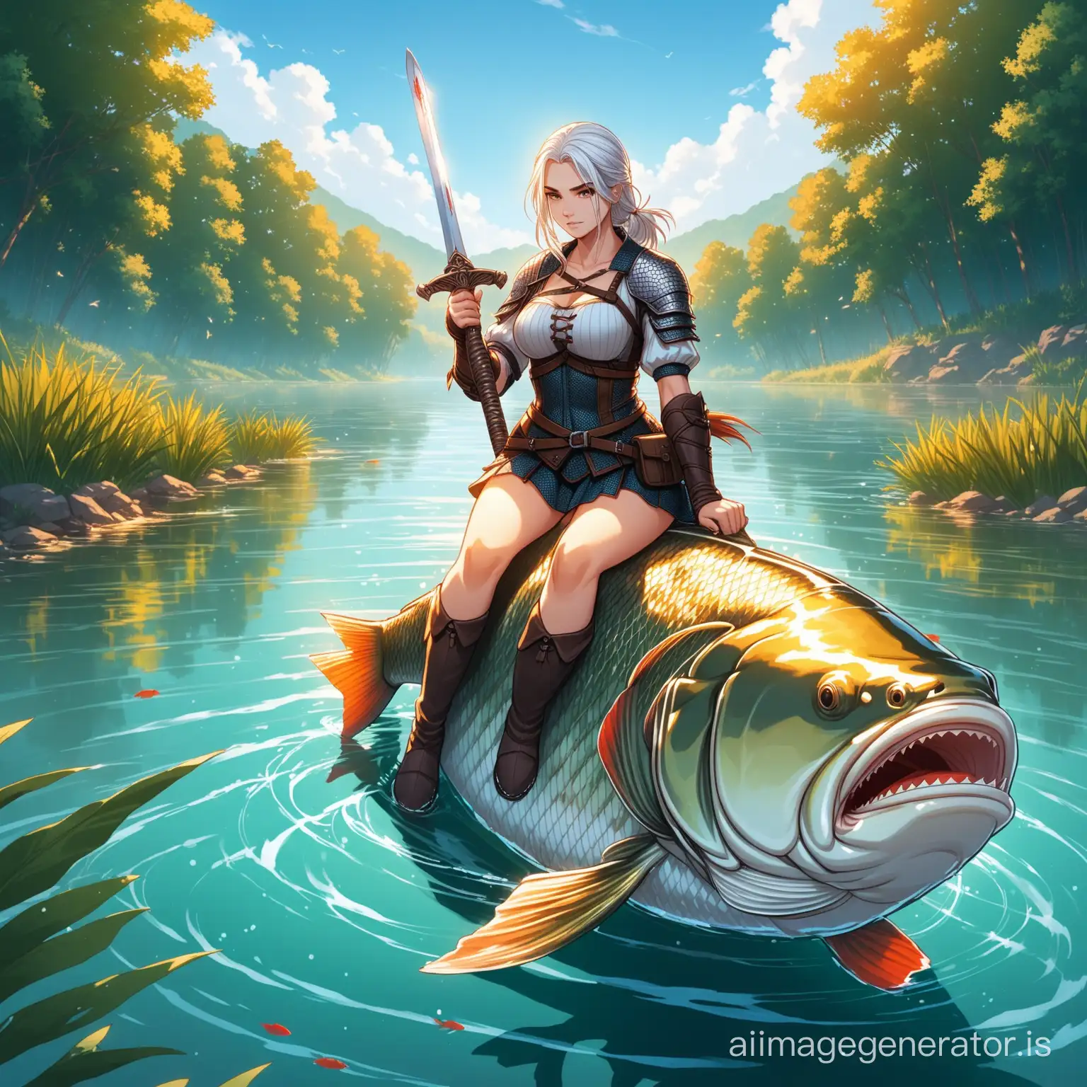 a girl resembling Geralt rides on a crucian carp in the river sits on a fish, with a sword in her hands