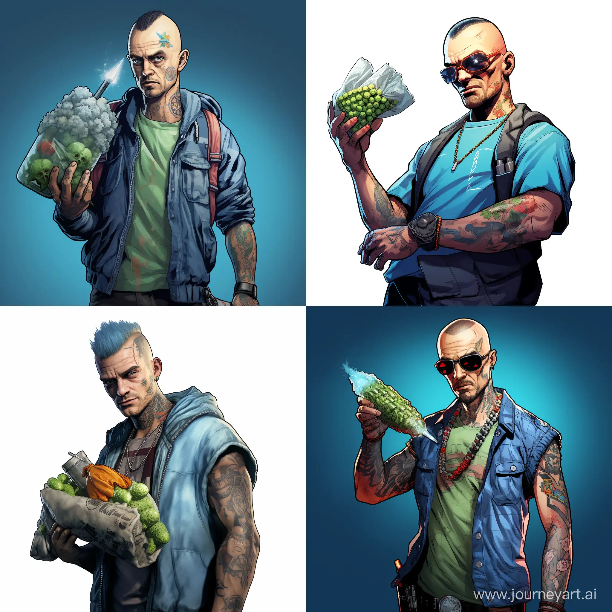 GTA-6 male meth user with shaven sides of head and green spiky mohican, holding bag of blue crystal meth and a gun