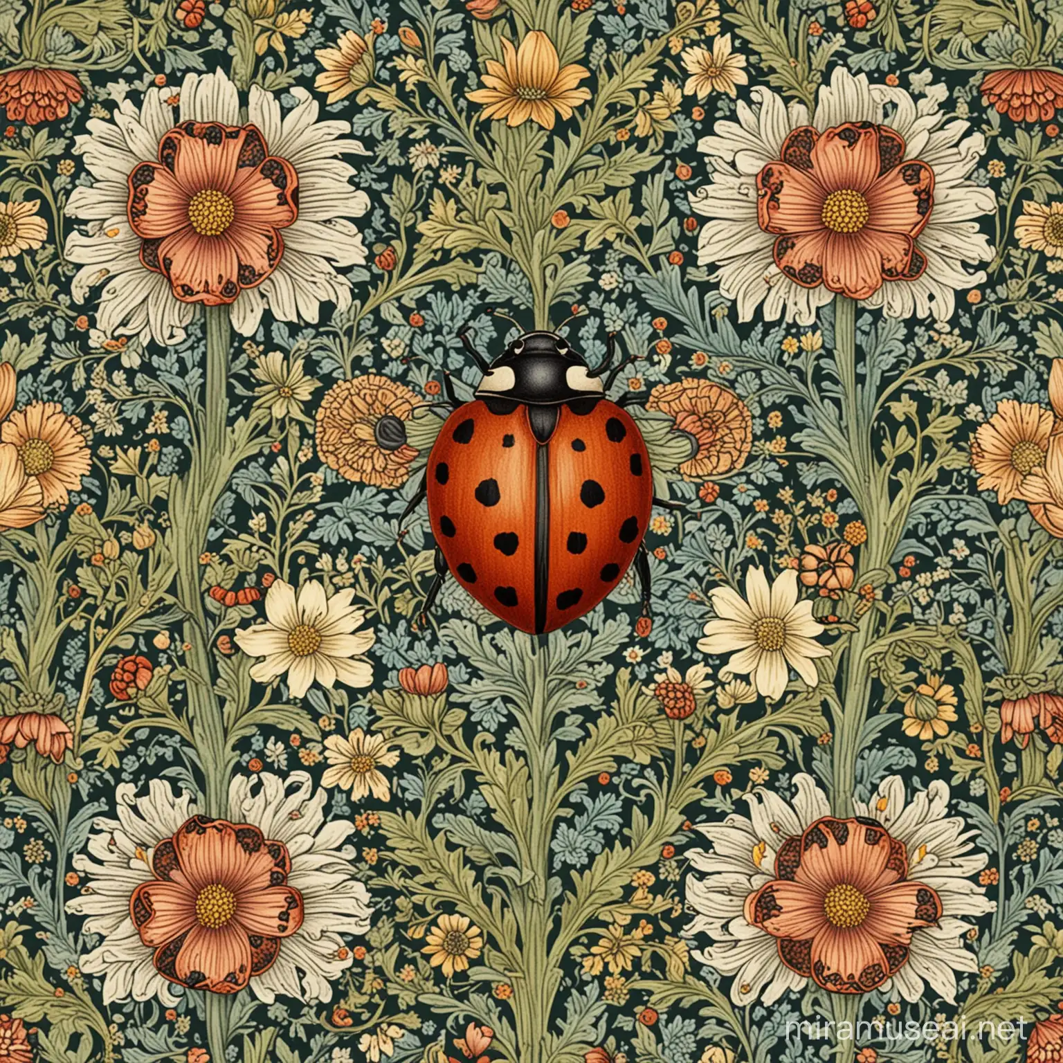 William Morris Style design with a lady bug and flowers