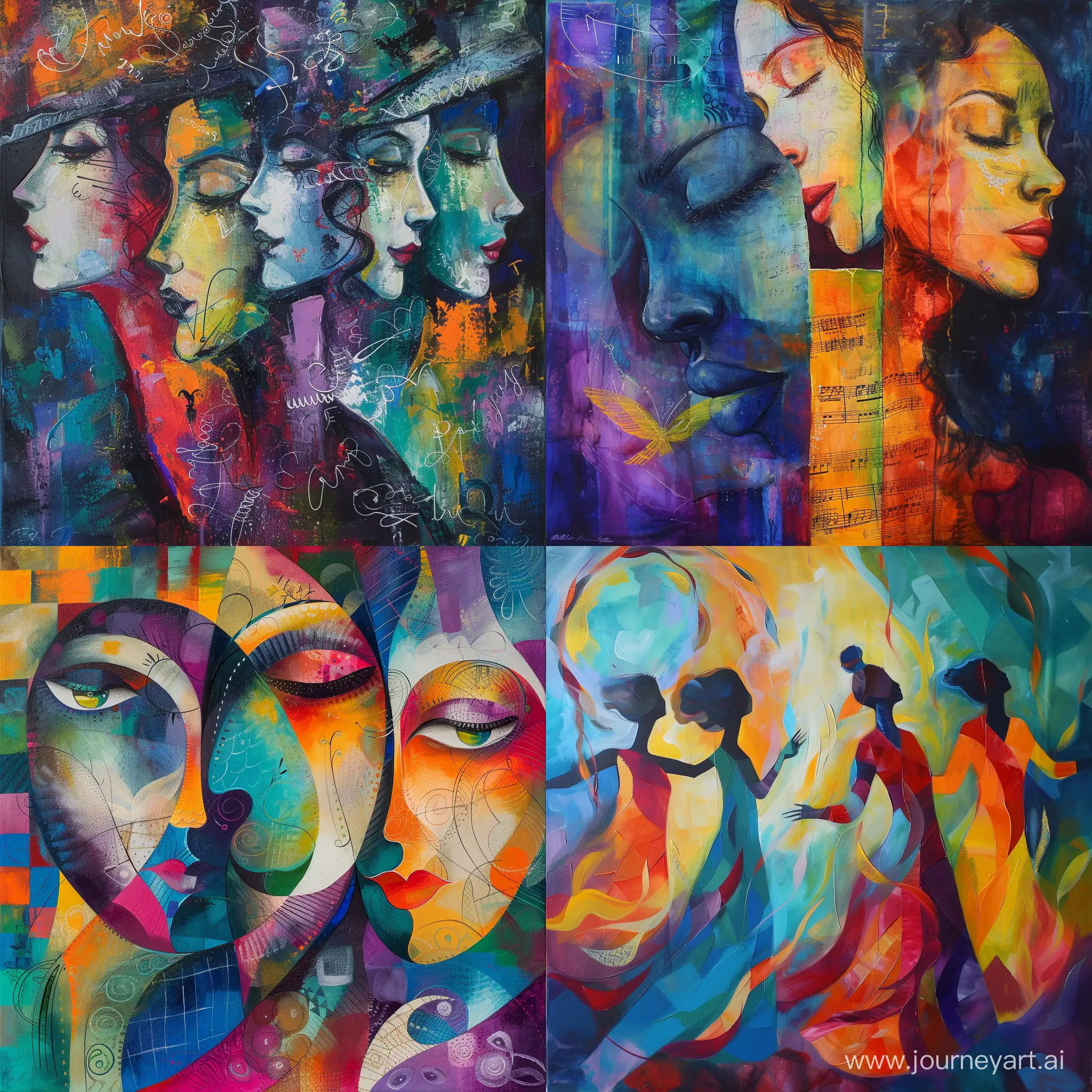 abstract painting on women and their creativity expressed with words, songs and sounds