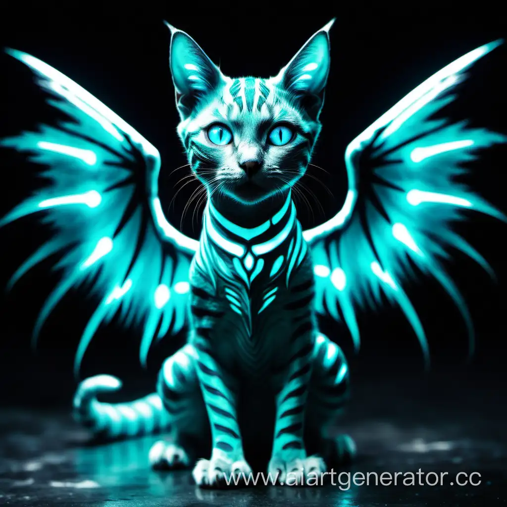 a cat with six space-like luminescent stripes on the body of turquoise color, turquoise eyes, on the back there are dragon wings with turquoise luminescent spots on the wings,