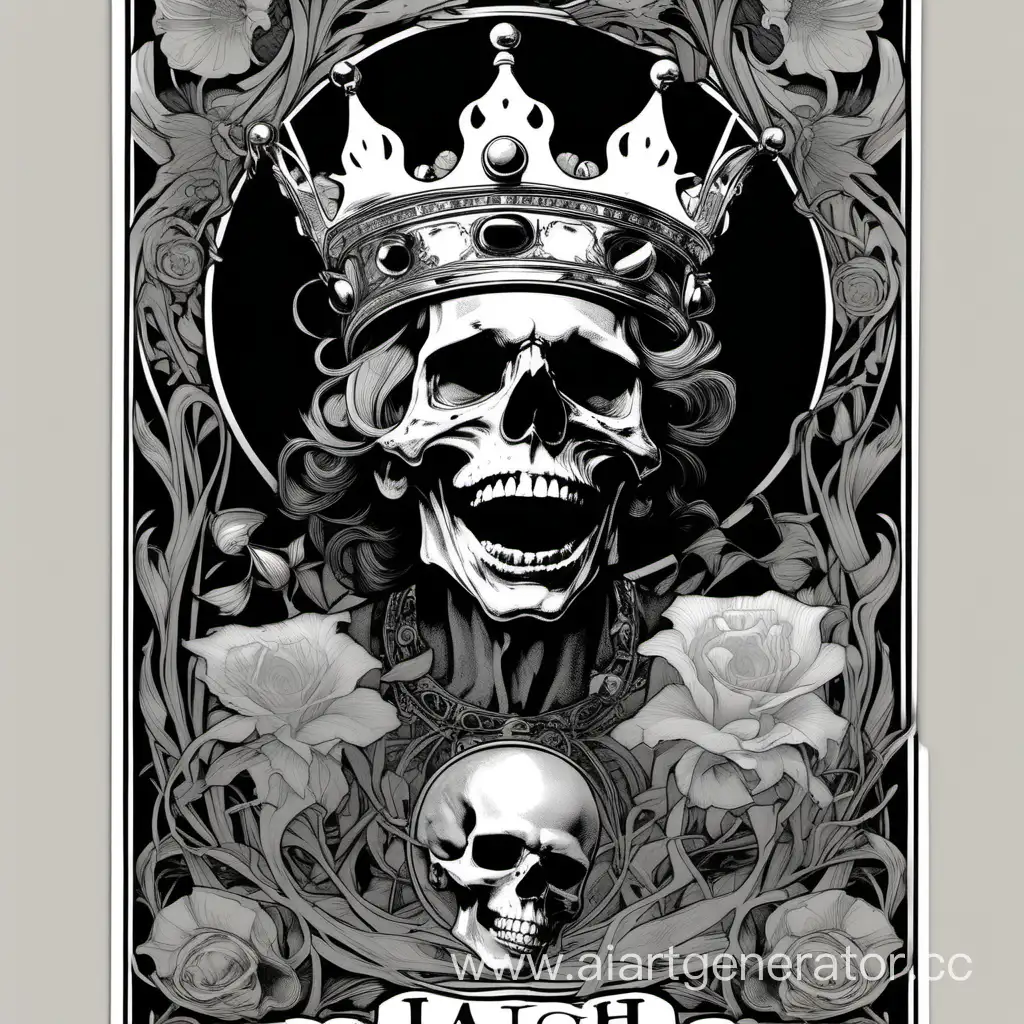 laugh skull wearing a time crown, assimetrical, alphonse mucha, william morris poster, hiperdetailed, black,white, gray, red, hipercontrast