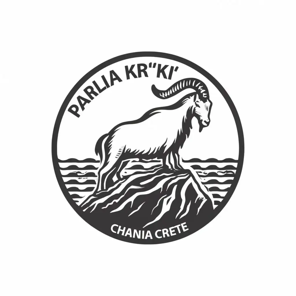 logo, Majestic white mountain goat standing on rocks overlooking ocean waves in Greek style all in black and white, with the text "paralia kri-kri" chania, crete", typography, be used in Automotive industry