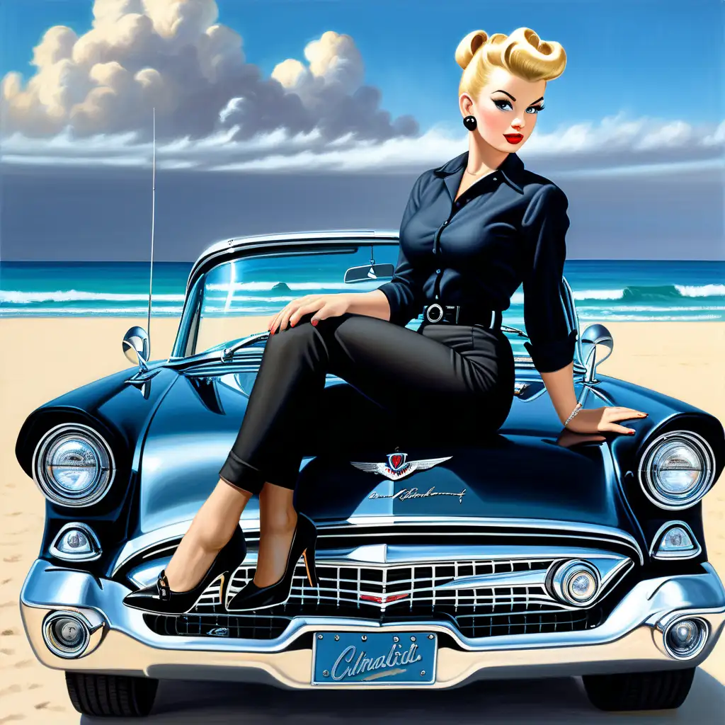 Stunning Pinup Fashion Blonde Woman on Vintage Thunderbird by the Beach